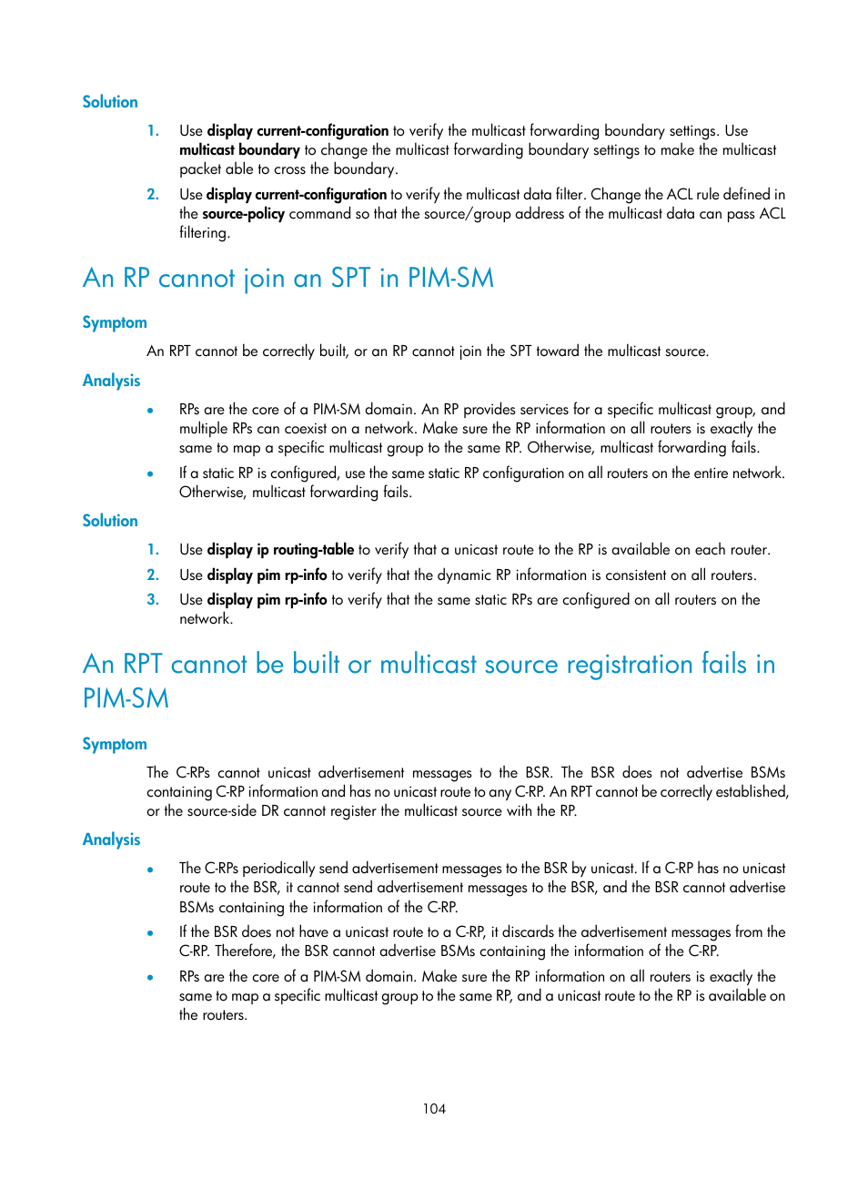 Solution, An rp cannot join an spt in pim-sm, Symptom | Analysis, Configuring a bsr | H3C Technologies H3C S12500-X Series Switches User Manual | Page 114 / 226