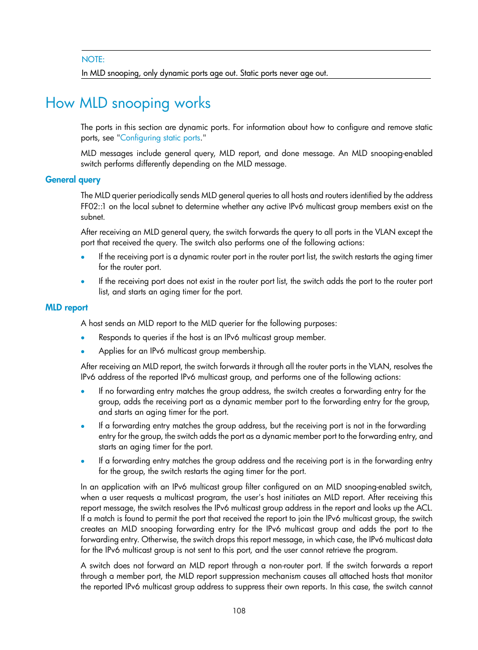 How mld snooping works, General query, Mld report | H3C Technologies H3C S12500-X Series Switches User Manual | Page 118 / 226