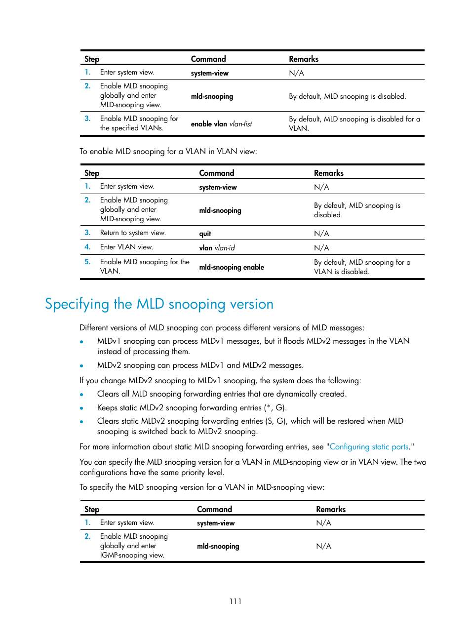 Specifying the mld snooping version, Configuring the ssm group range, Configuring common pim features | H3C Technologies H3C S12500-X Series Switches User Manual | Page 121 / 226
