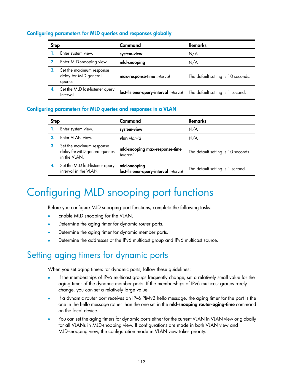 Configuring mld snooping port functions, Setting aging timers for dynamic ports, Configuring a hello message filter | H3C Technologies H3C S12500-X Series Switches User Manual | Page 123 / 226