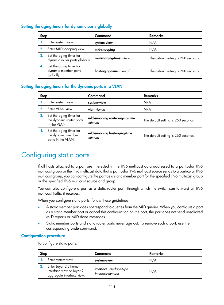 Configuring static ports, Configuration procedure, Configuring pim hello message options | H3C Technologies H3C S12500-X Series Switches User Manual | Page 124 / 226