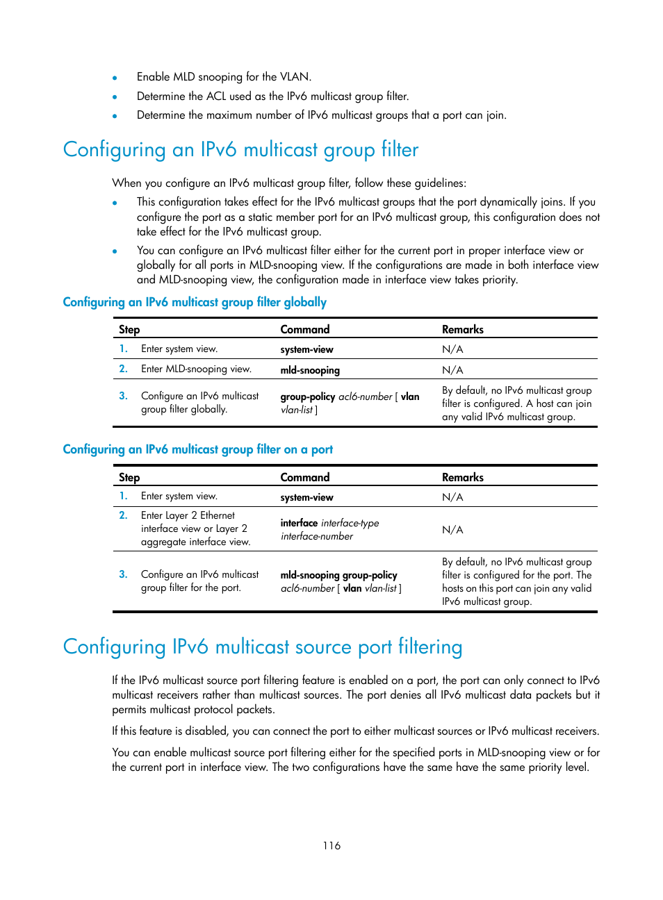 Configuring an ipv6 multicast group filter, Configuring ipv6 multicast source port filtering, Configuring common pim timers | H3C Technologies H3C S12500-X Series Switches User Manual | Page 126 / 226