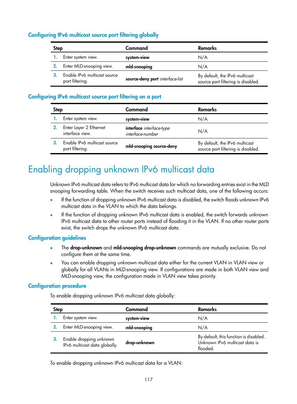 Enabling dropping unknown ipv6 multicast data, Configuration guidelines, Configuration procedure | H3C Technologies H3C S12500-X Series Switches User Manual | Page 127 / 226