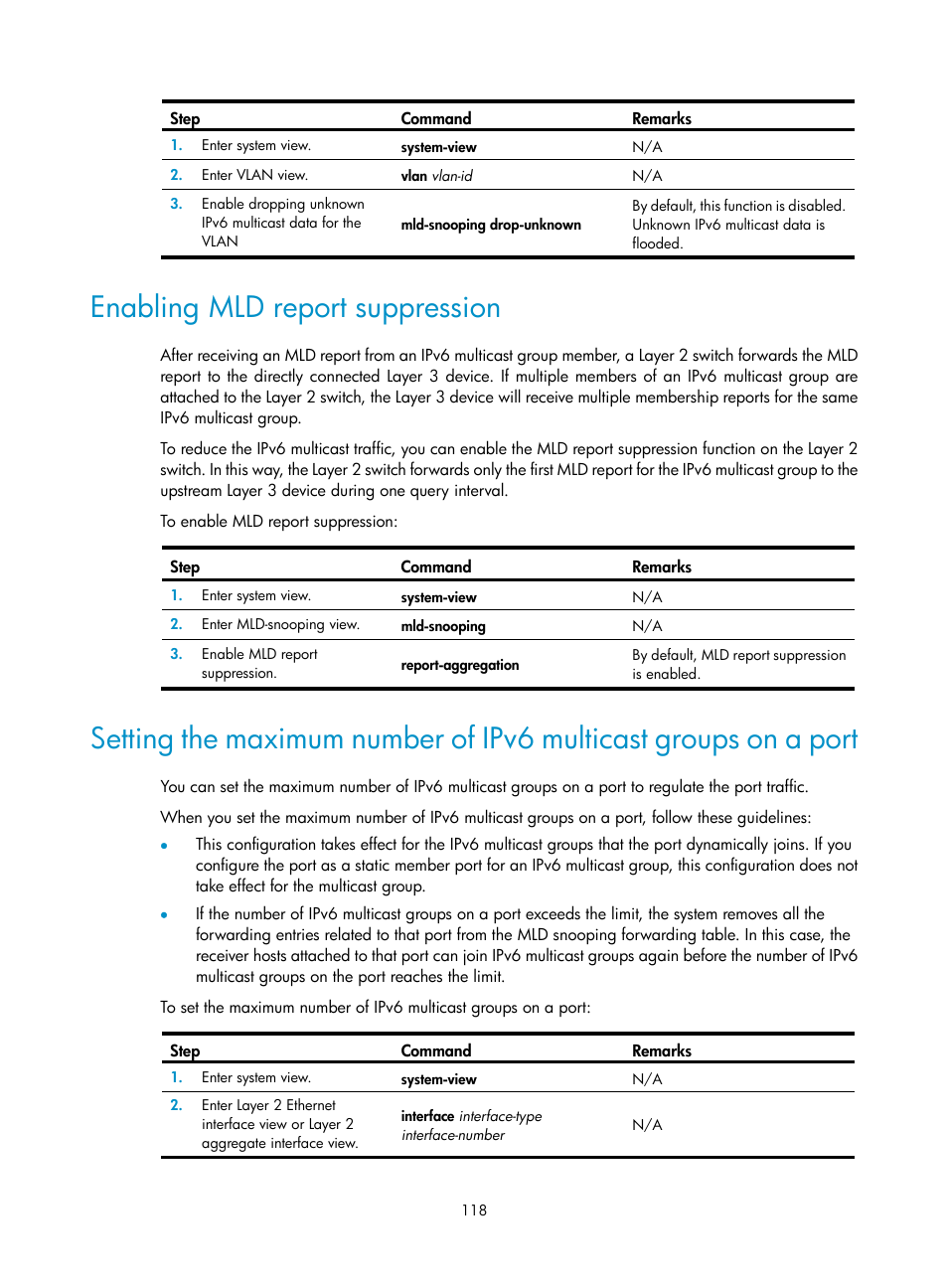 Enabling mld report suppression, Enabling bfd for pim | H3C Technologies H3C S12500-X Series Switches User Manual | Page 128 / 226