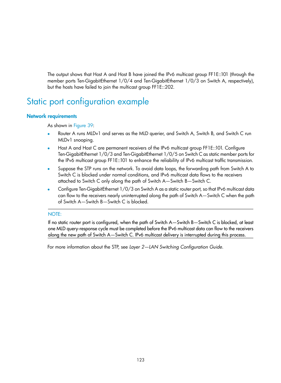 Static port configuration example, Network requirements | H3C Technologies H3C S12500-X Series Switches User Manual | Page 133 / 226