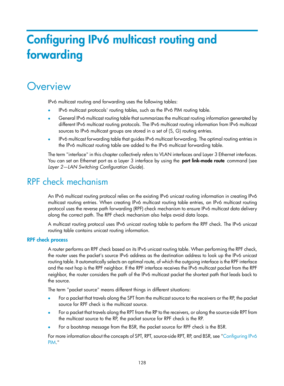 Configuring ipv6 multicast routing and forwarding, Overview, Rpf check mechanism | Rpf check process, Pim-sm admin-scoped zone configuration example | H3C Technologies H3C S12500-X Series Switches User Manual | Page 138 / 226
