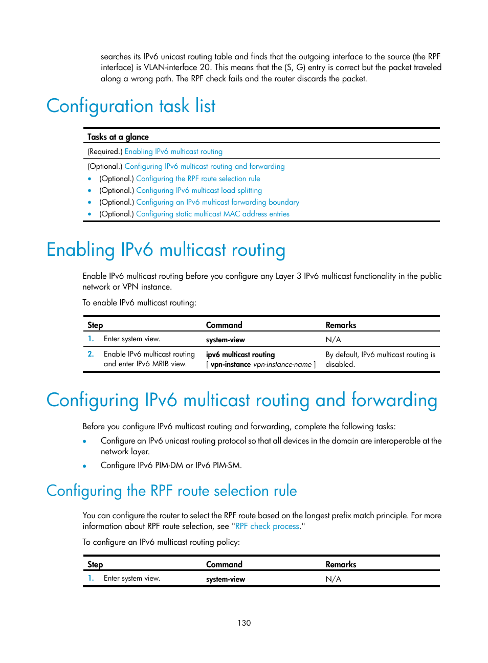Configuration task list, Enabling ipv6 multicast routing, Configuring ipv6 multicast routing and forwarding | Configuring the rpf route selection rule | H3C Technologies H3C S12500-X Series Switches User Manual | Page 140 / 226