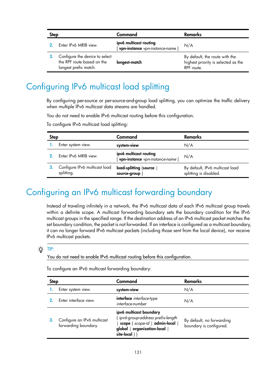 Configuring ipv6 multicast load splitting, Configuring an ipv6 multicast forwarding boundary | H3C Technologies H3C S12500-X Series Switches User Manual | Page 141 / 226