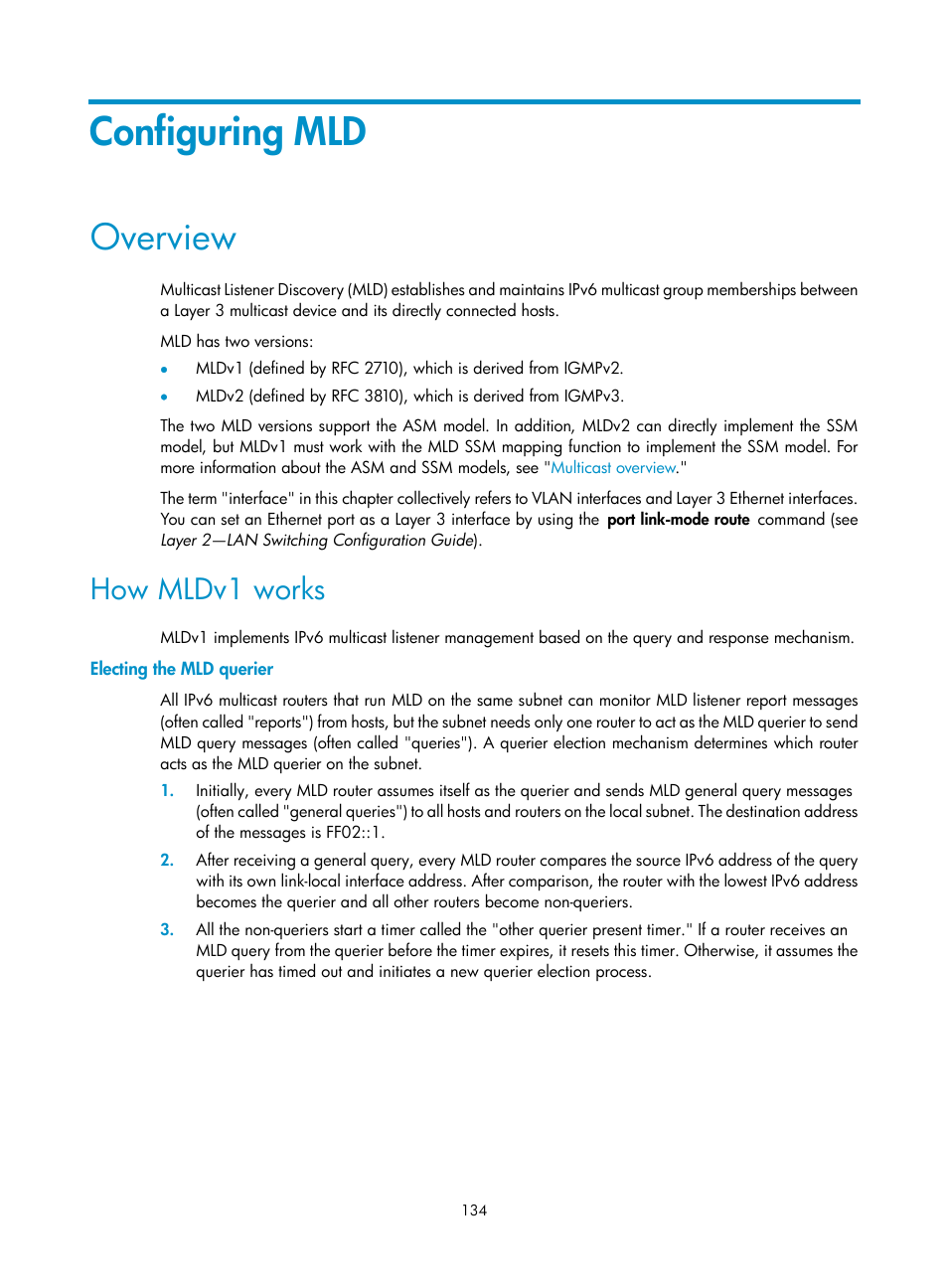 Configuring mld, Overview, How mldv1 works | Electing the mld querier | H3C Technologies H3C S12500-X Series Switches User Manual | Page 144 / 226