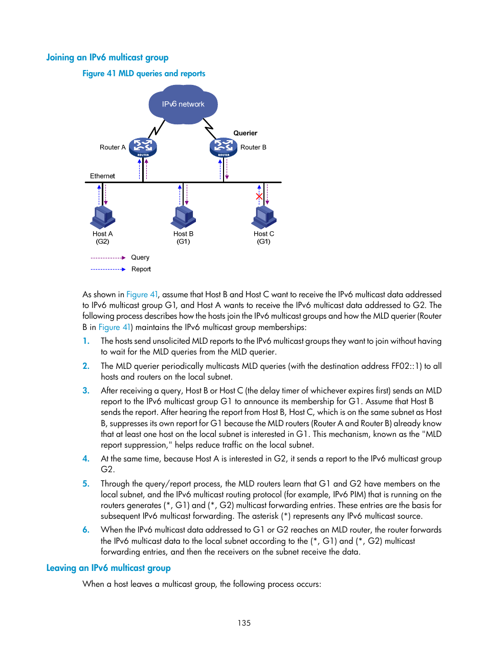 Joining an ipv6 multicast group, Leaving an ipv6 multicast group | H3C Technologies H3C S12500-X Series Switches User Manual | Page 145 / 226