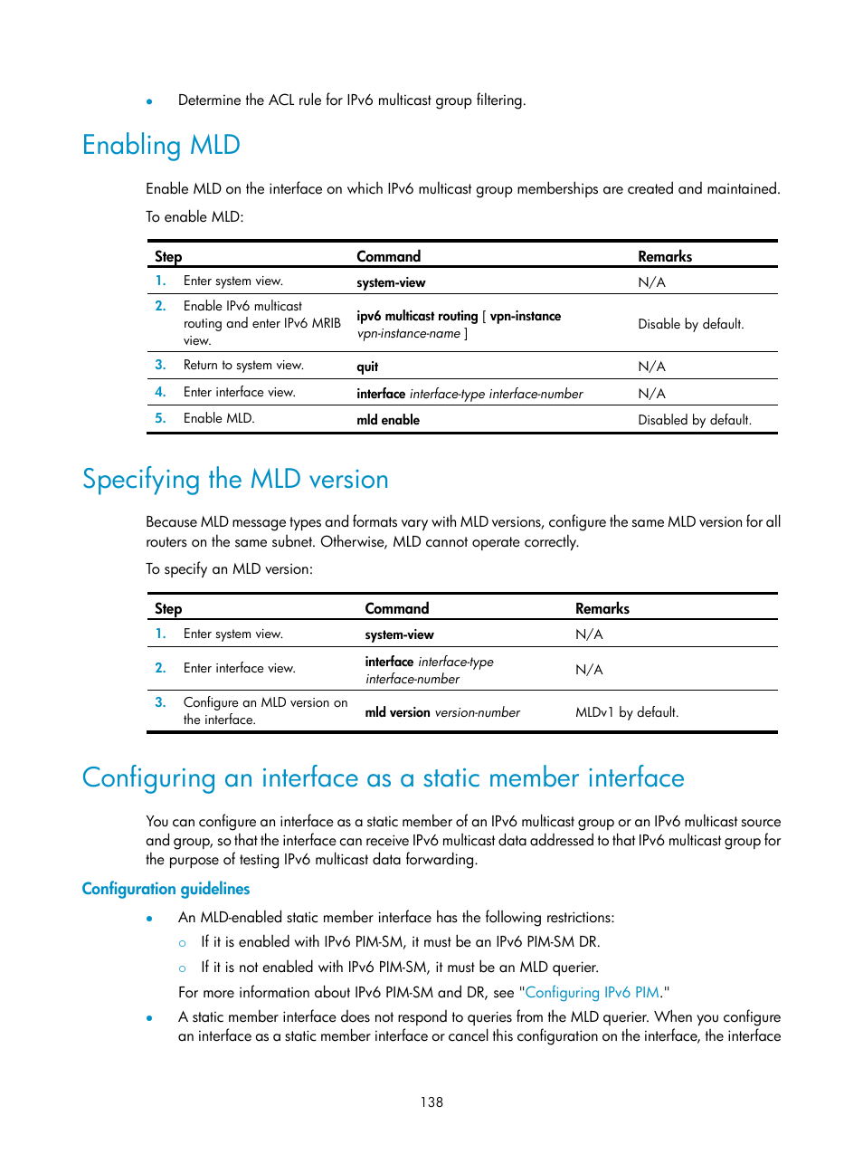 Enabling mld, Specifying the mld version, Configuration guidelines | H3C Technologies H3C S12500-X Series Switches User Manual | Page 148 / 226