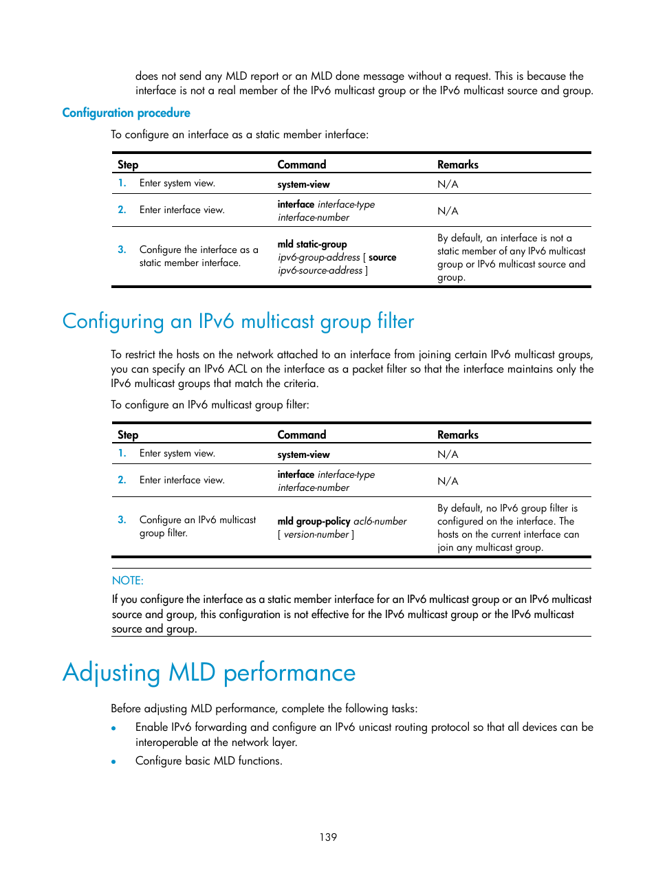 Configuration procedure, Configuring an ipv6 multicast group filter, Adjusting mld performance | An rp cannot join an spt in pim-sm | H3C Technologies H3C S12500-X Series Switches User Manual | Page 149 / 226