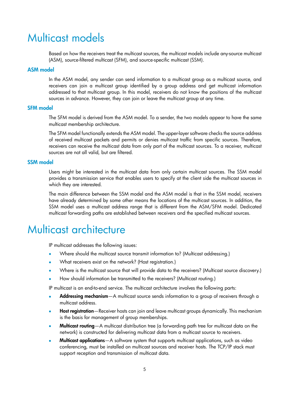 Multicast models, Asm model, Sfm model | Ssm model, Multicast architecture, Common notations in multicast, Multicast benefits and applications | H3C Technologies H3C S12500-X Series Switches User Manual | Page 15 / 226