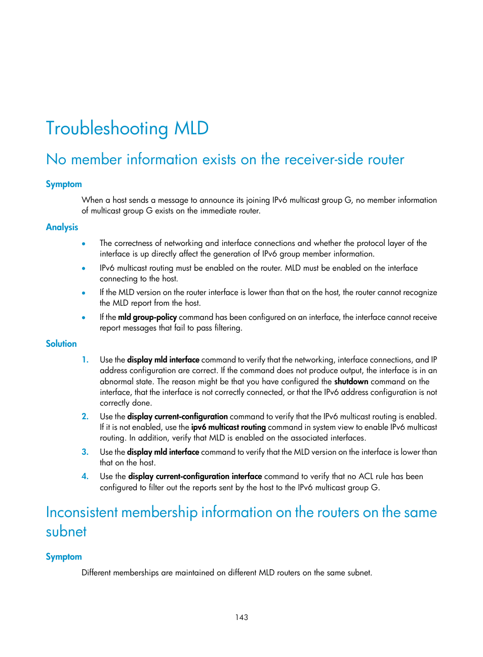 Troubleshooting mld, Symptom, Analysis | Solution, How mld snooping works | H3C Technologies H3C S12500-X Series Switches User Manual | Page 153 / 226