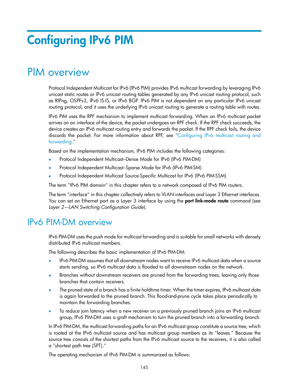 Configuring ipv6 pim, Pim overview, Ipv6 pim-dm overview | Protocols and standards, Mld snooping configuration task list, Configuring ipv6, Pim hello messages, see | H3C Technologies H3C S12500-X Series Switches User Manual | Page 155 / 226