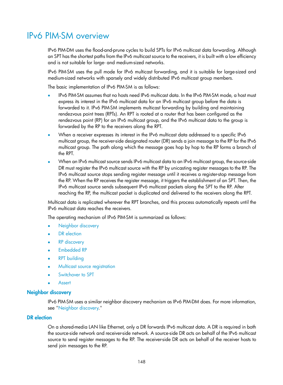Ipv6 pim-sm overview, Neighbor discovery, Dr election | Specifying the mld snooping version | H3C Technologies H3C S12500-X Series Switches User Manual | Page 158 / 226