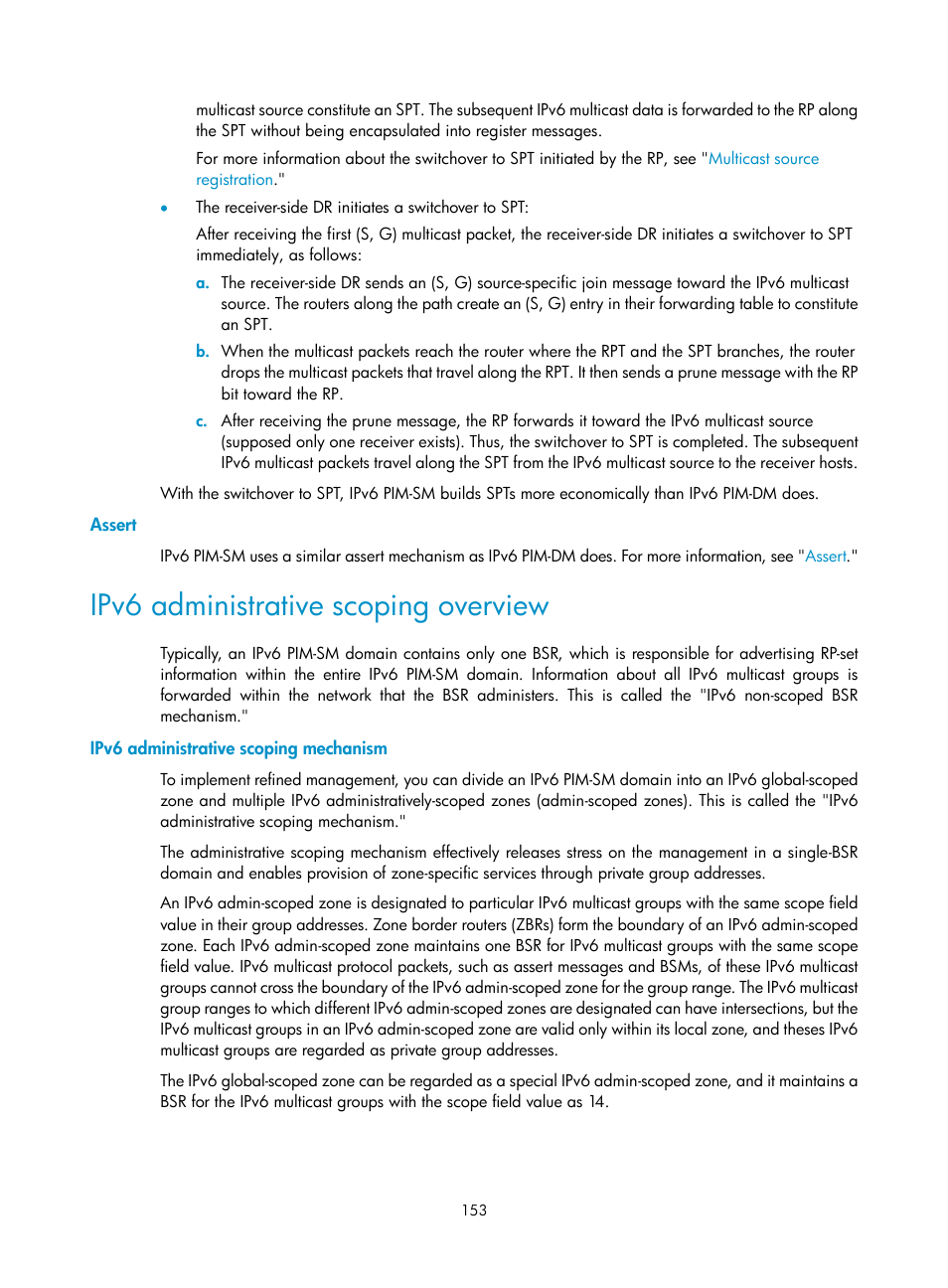 Assert, Ipv6 administrative scoping overview, Ipv6 administrative scoping mechanism | Enabling mld snooping fast-leave processing | H3C Technologies H3C S12500-X Series Switches User Manual | Page 163 / 226