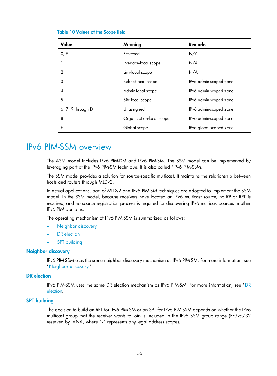 Ipv6 pim-ssm overview, Neighbor discovery, Dr election | Spt building, Configuring mld snooping policies, Configuring an ipv6 multicast group filter | H3C Technologies H3C S12500-X Series Switches User Manual | Page 165 / 226