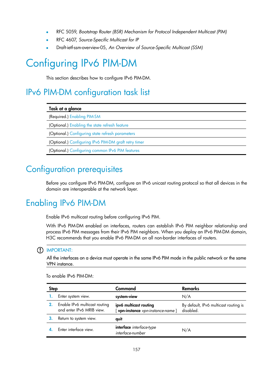 Configuring ipv6 pim-dm, Ipv6 pim-dm configuration task list, Configuration prerequisites | Enabling ipv6 pim-dm, Configuring ipv6 multicast source port filtering | H3C Technologies H3C S12500-X Series Switches User Manual | Page 167 / 226