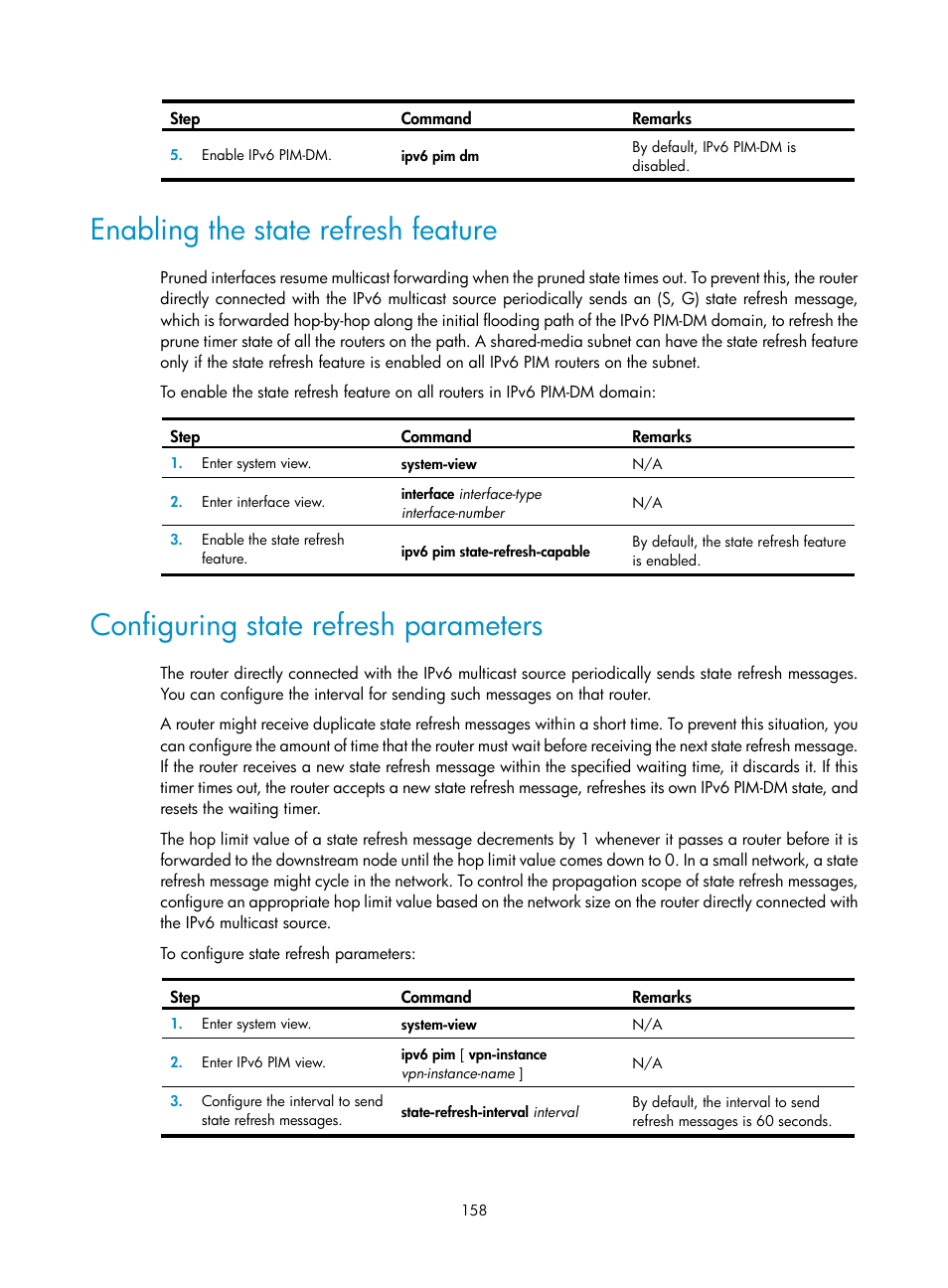 Enabling the state refresh feature, Configuring state refresh parameters, Enabling dropping unknown ipv6 multicast data | H3C Technologies H3C S12500-X Series Switches User Manual | Page 168 / 226