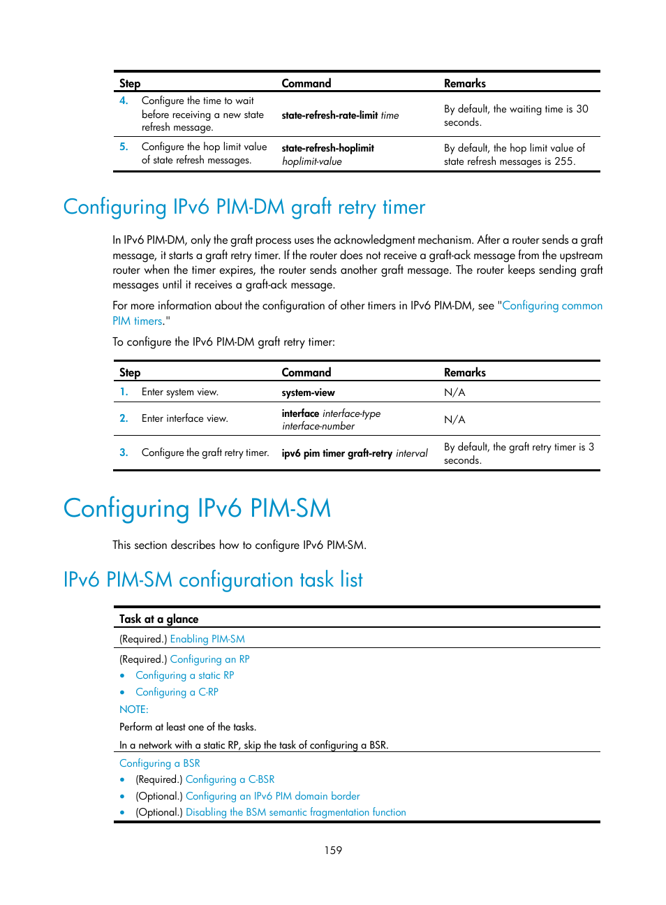 Configuring ipv6 pim-dm graft retry timer, Configuring ipv6 pim-sm, Ipv6 pim-sm configuration task list | Enabling mld report suppression | H3C Technologies H3C S12500-X Series Switches User Manual | Page 169 / 226