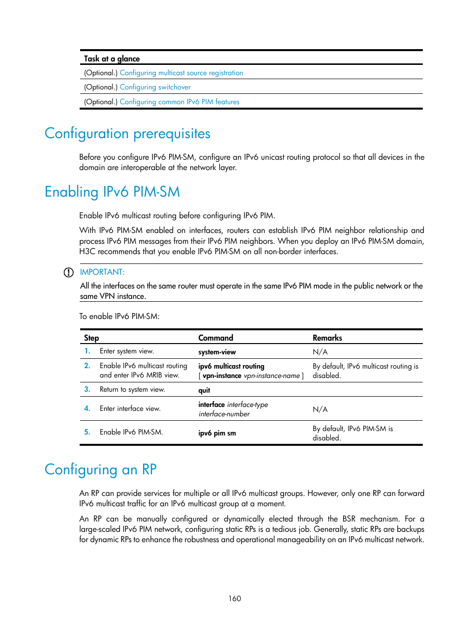 Configuration prerequisites, Enabling ipv6 pim-sm, Configuring an rp | H3C Technologies H3C S12500-X Series Switches User Manual | Page 170 / 226