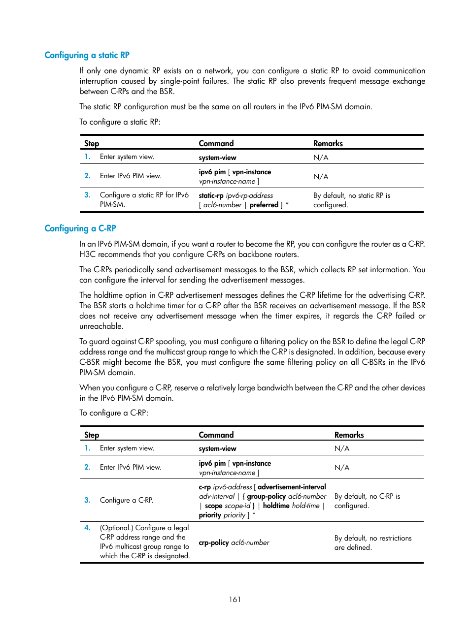 Configuring a static rp, Configuring a c-rp | H3C Technologies H3C S12500-X Series Switches User Manual | Page 171 / 226