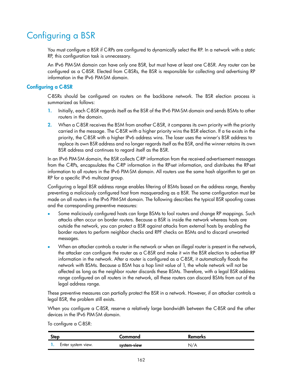 Configuring a bsr, Configuring a c-bsr, Displaying and maintaining mld snooping | H3C Technologies H3C S12500-X Series Switches User Manual | Page 172 / 226