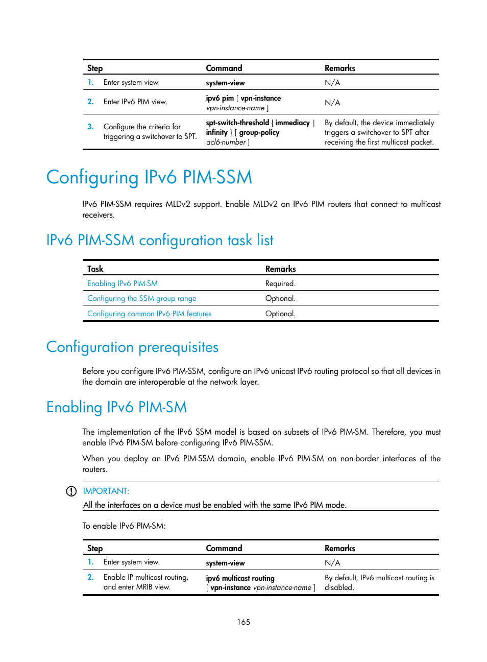 Configuring ipv6 pim-ssm, Ipv6 pim-ssm configuration task list, Configuration prerequisites | Enabling ipv6 pim-sm | H3C Technologies H3C S12500-X Series Switches User Manual | Page 175 / 226