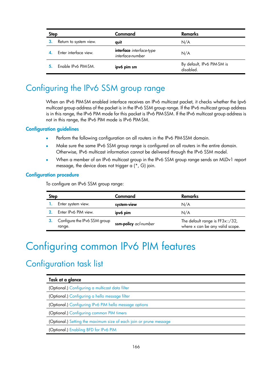 Configuring the ipv6 ssm group range, Configuration guidelines, Configuration procedure | Configuring common ipv6 pim features, Configuration task list, Static port configuration example | H3C Technologies H3C S12500-X Series Switches User Manual | Page 176 / 226