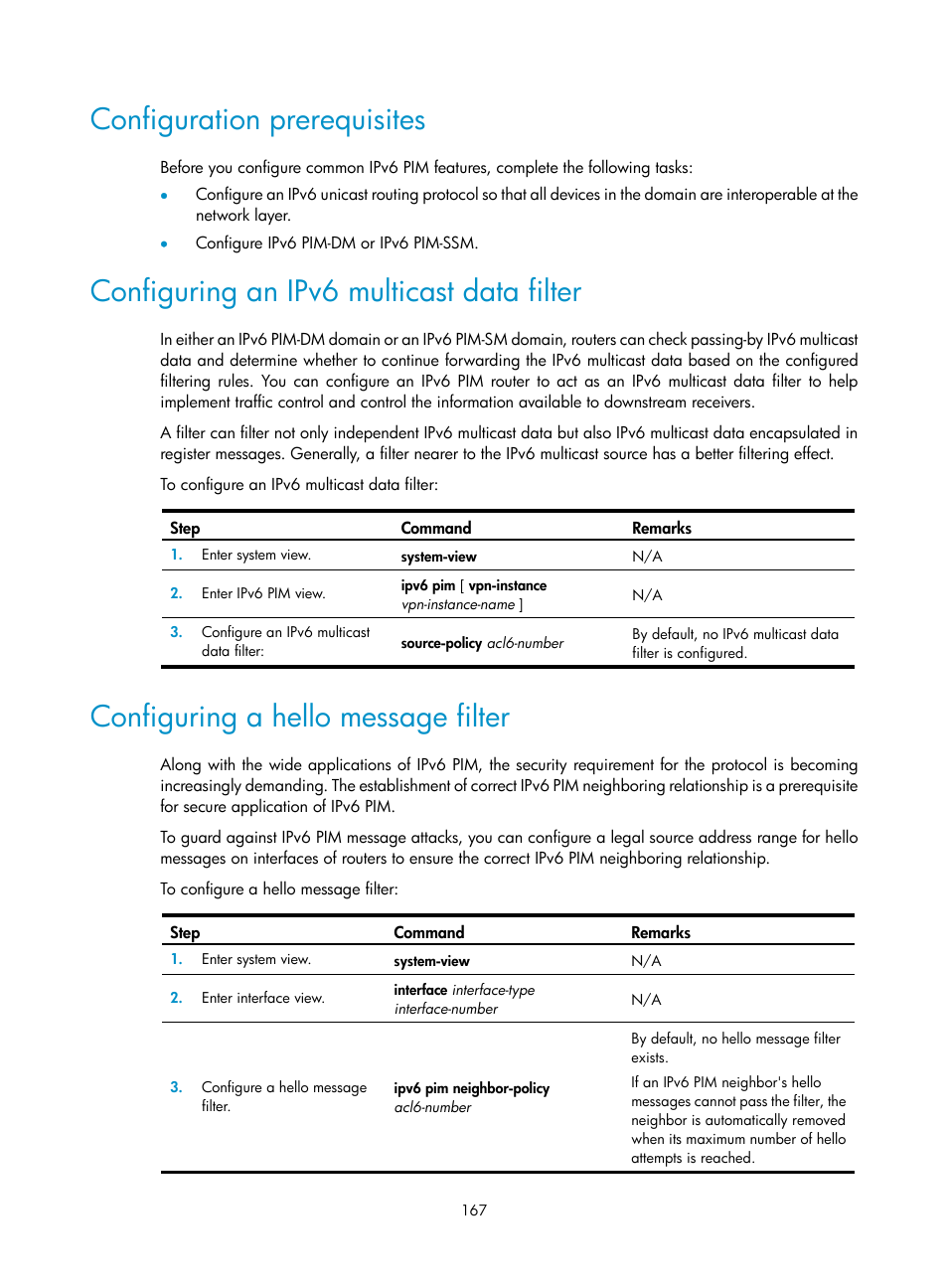 Configuration prerequisites, Configuring an ipv6 multicast data filter, Configuring a hello message filter | H3C Technologies H3C S12500-X Series Switches User Manual | Page 177 / 226