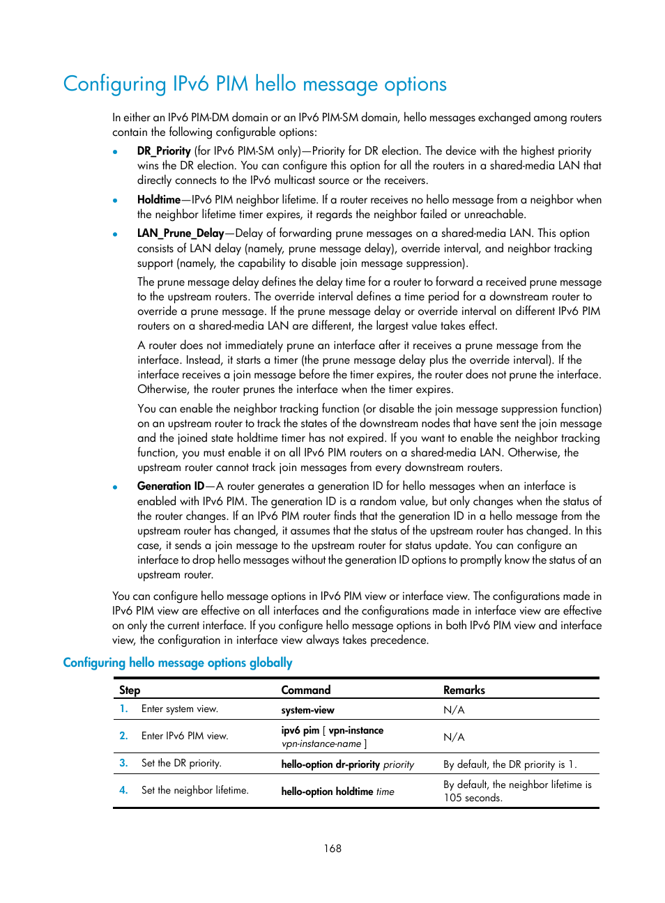 Configuring ipv6 pim hello message options, Configuring hello message options globally | H3C Technologies H3C S12500-X Series Switches User Manual | Page 178 / 226