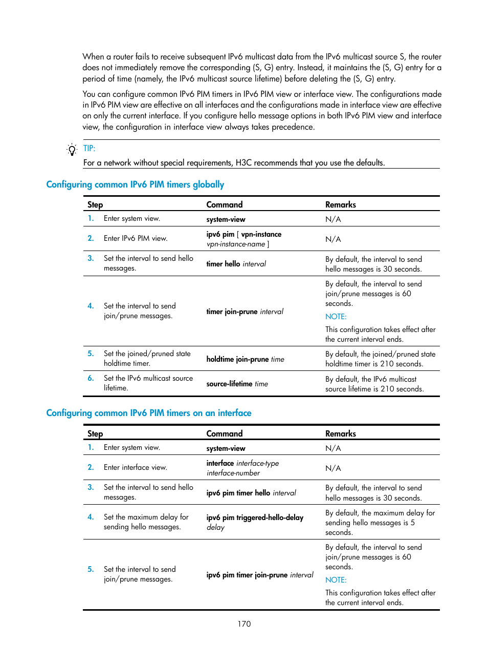 Configuring common ipv6 pim timers globally, Configuring common ipv6 pim timers on an interface, Troubleshooting mld snooping | Layer 2 multicast forwarding cannot function | H3C Technologies H3C S12500-X Series Switches User Manual | Page 180 / 226