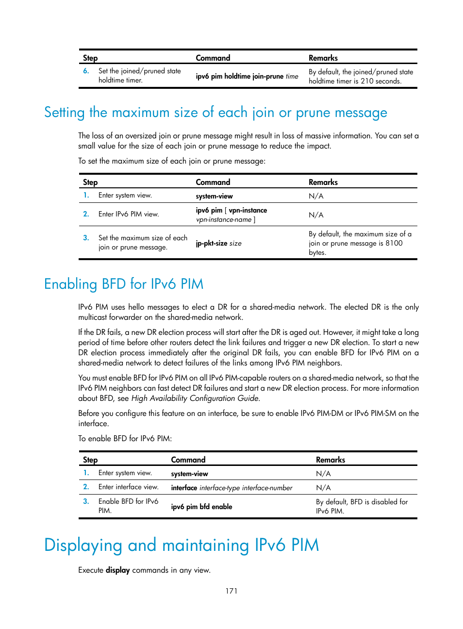 Enabling bfd for ipv6 pim, Displaying and maintaining ipv6 pim, Ipv6 multicast group filter does not work | H3C Technologies H3C S12500-X Series Switches User Manual | Page 181 / 226