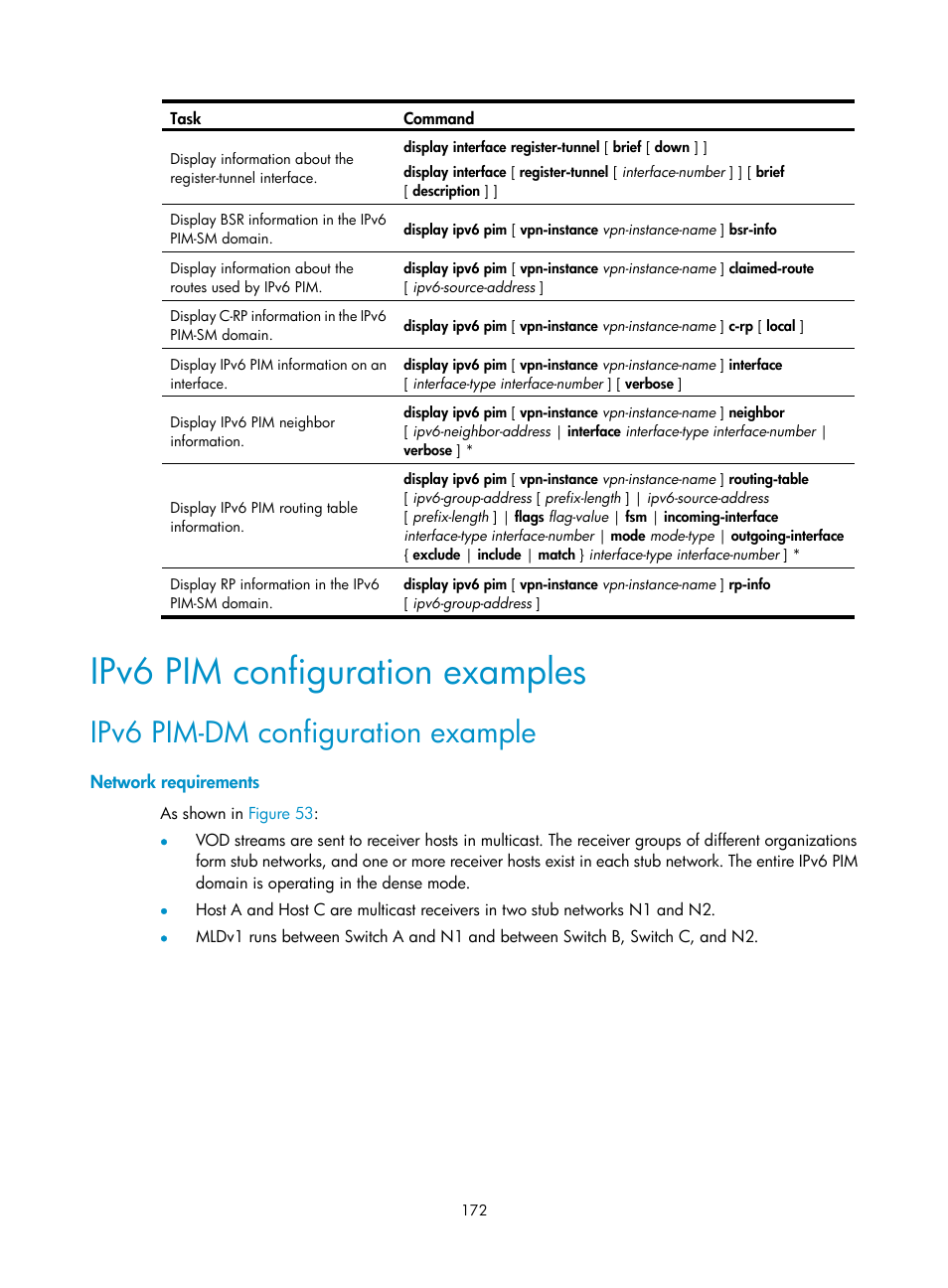Ipv6 pim configuration examples, Ipv6 pim-dm configuration example, Network requirements | Configuring ipv6 multicast routing and forwarding, Overview | H3C Technologies H3C S12500-X Series Switches User Manual | Page 182 / 226
