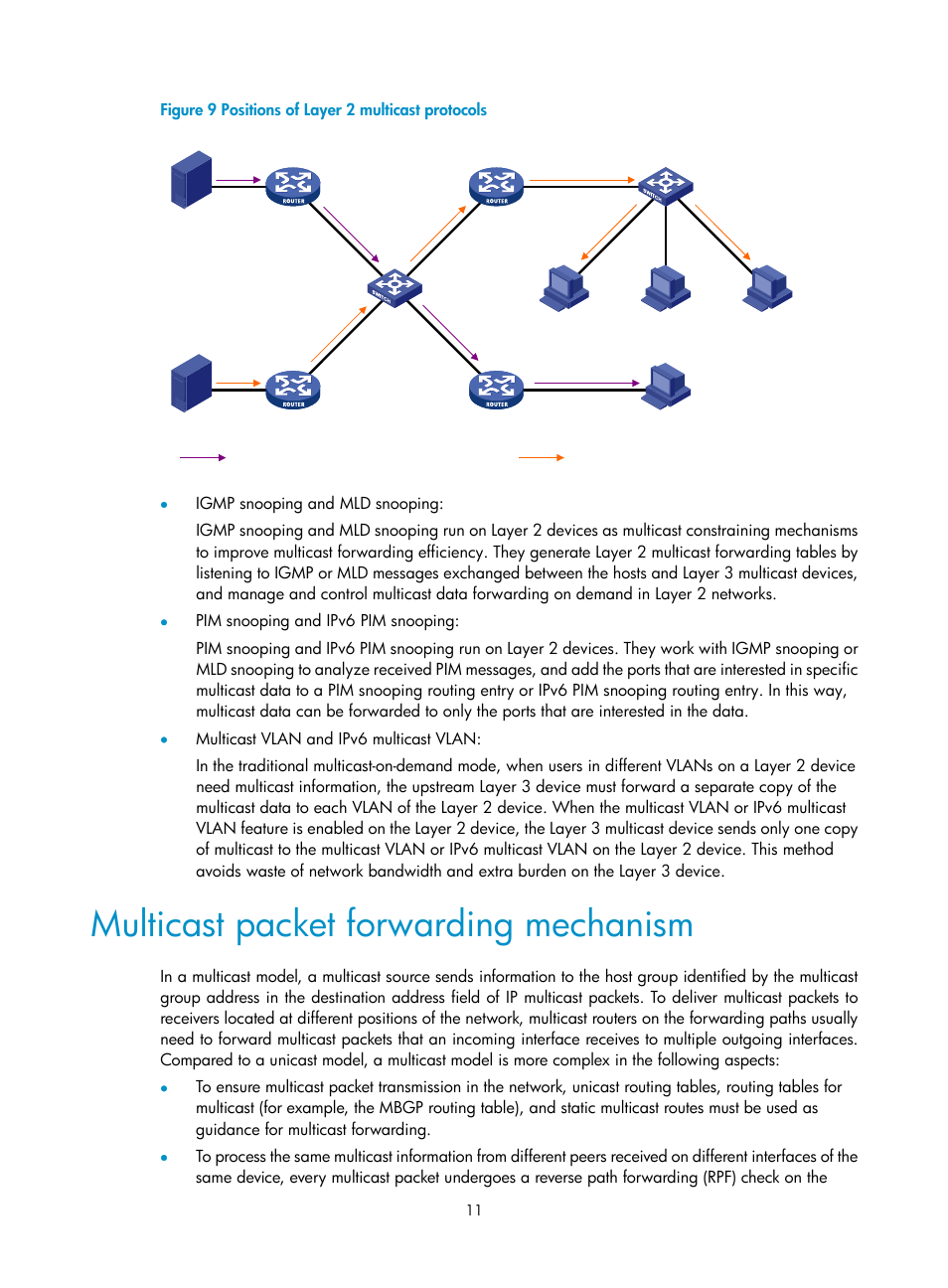 Multicast packet forwarding mechanism, Multicast protocols | H3C Technologies H3C S12500-X Series Switches User Manual | Page 21 / 226