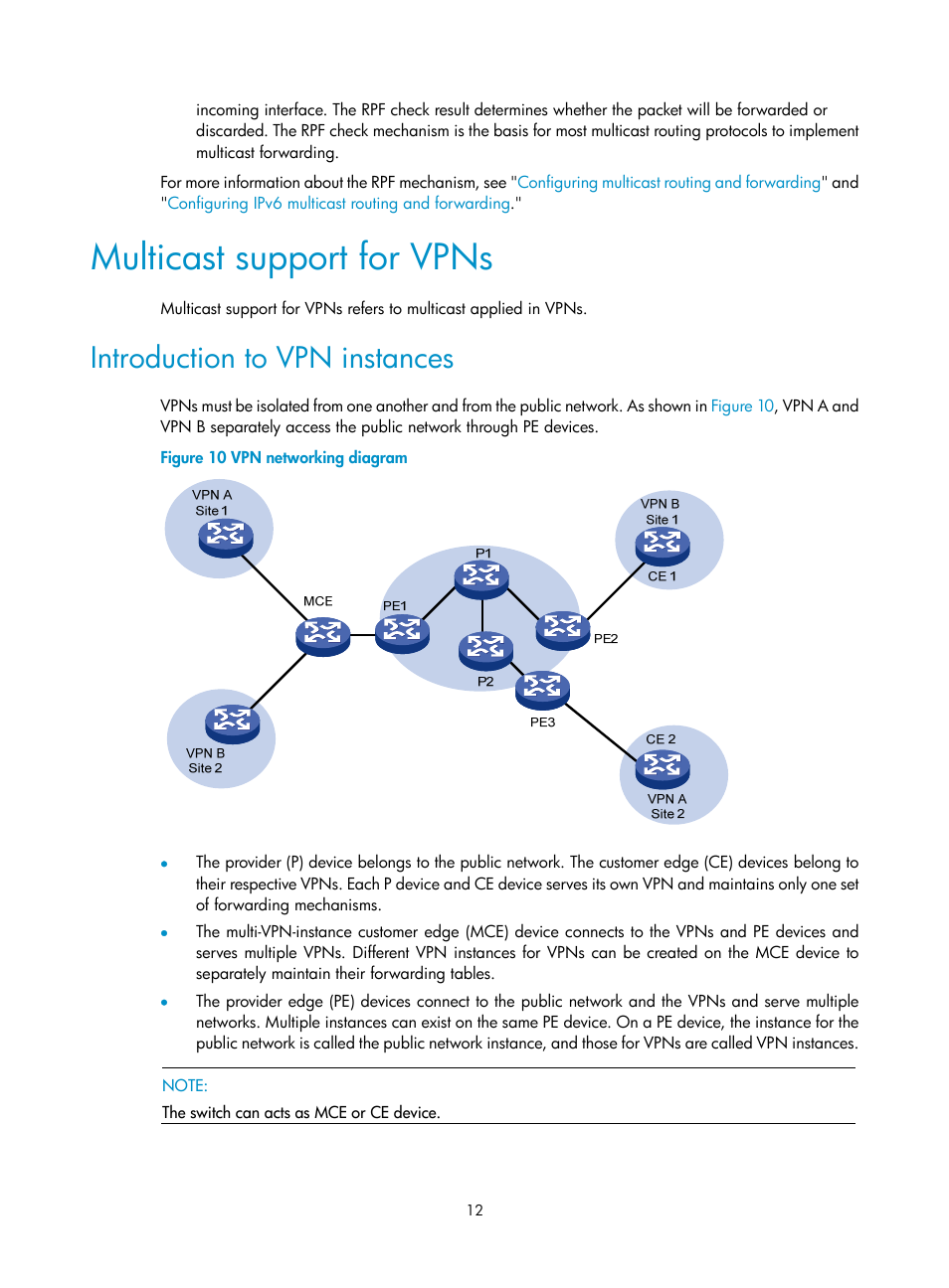 Multicast support for vpns, Introduction to vpn instances | H3C Technologies H3C S12500-X Series Switches User Manual | Page 22 / 226