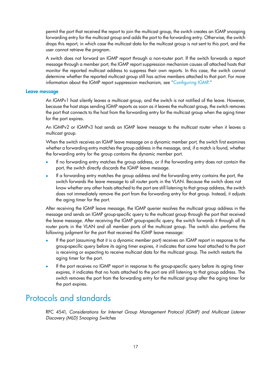 Leave message, Protocols and standards, Configuring igmp snooping | Overview | H3C Technologies H3C S12500-X Series Switches User Manual | Page 27 / 226