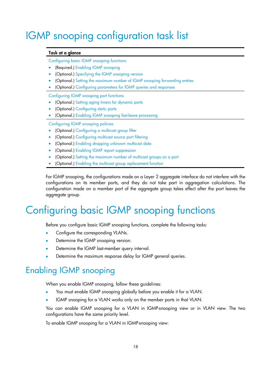 Igmp snooping configuration task list, Configuring basic igmp snooping functions, Enabling igmp snooping | Basic igmp snooping concepts | H3C Technologies H3C S12500-X Series Switches User Manual | Page 28 / 226