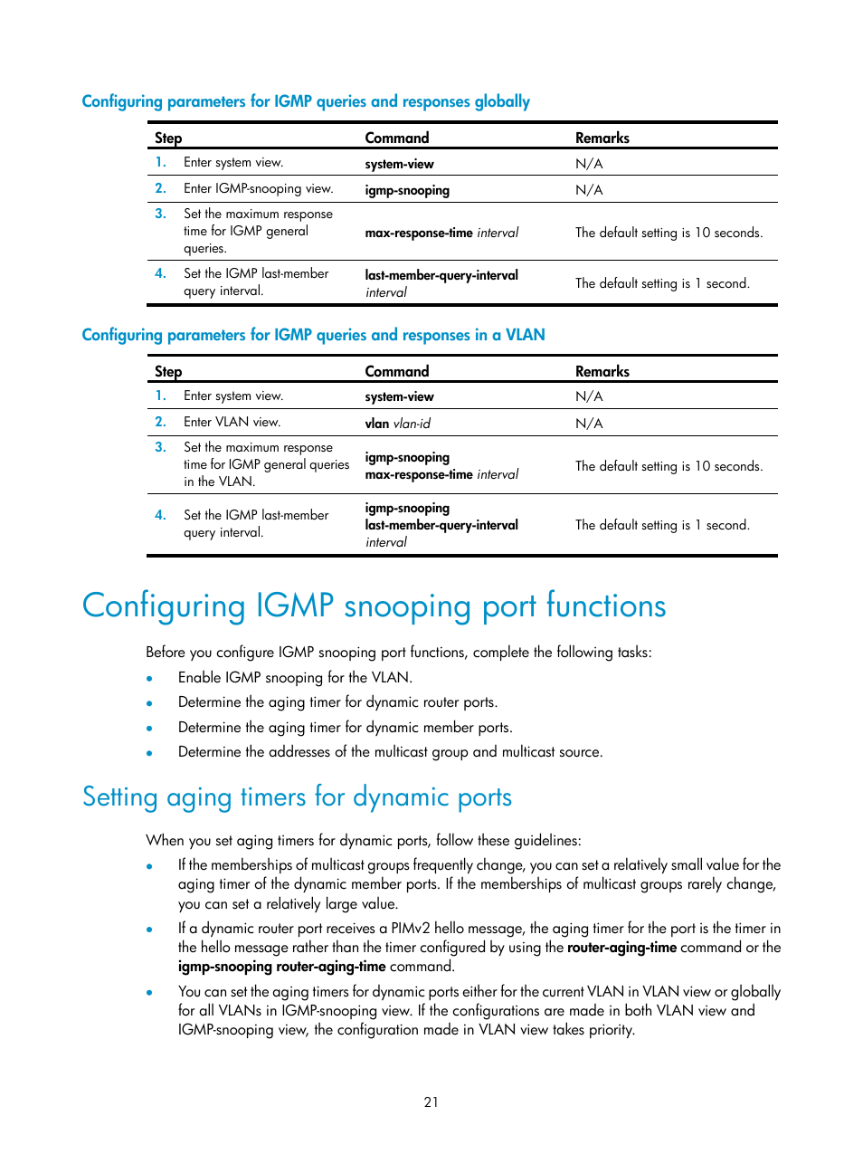 Configuring igmp snooping port functions, Setting aging timers for dynamic ports, Protocols and standards | Igmp snooping configuration task list | H3C Technologies H3C S12500-X Series Switches User Manual | Page 31 / 226