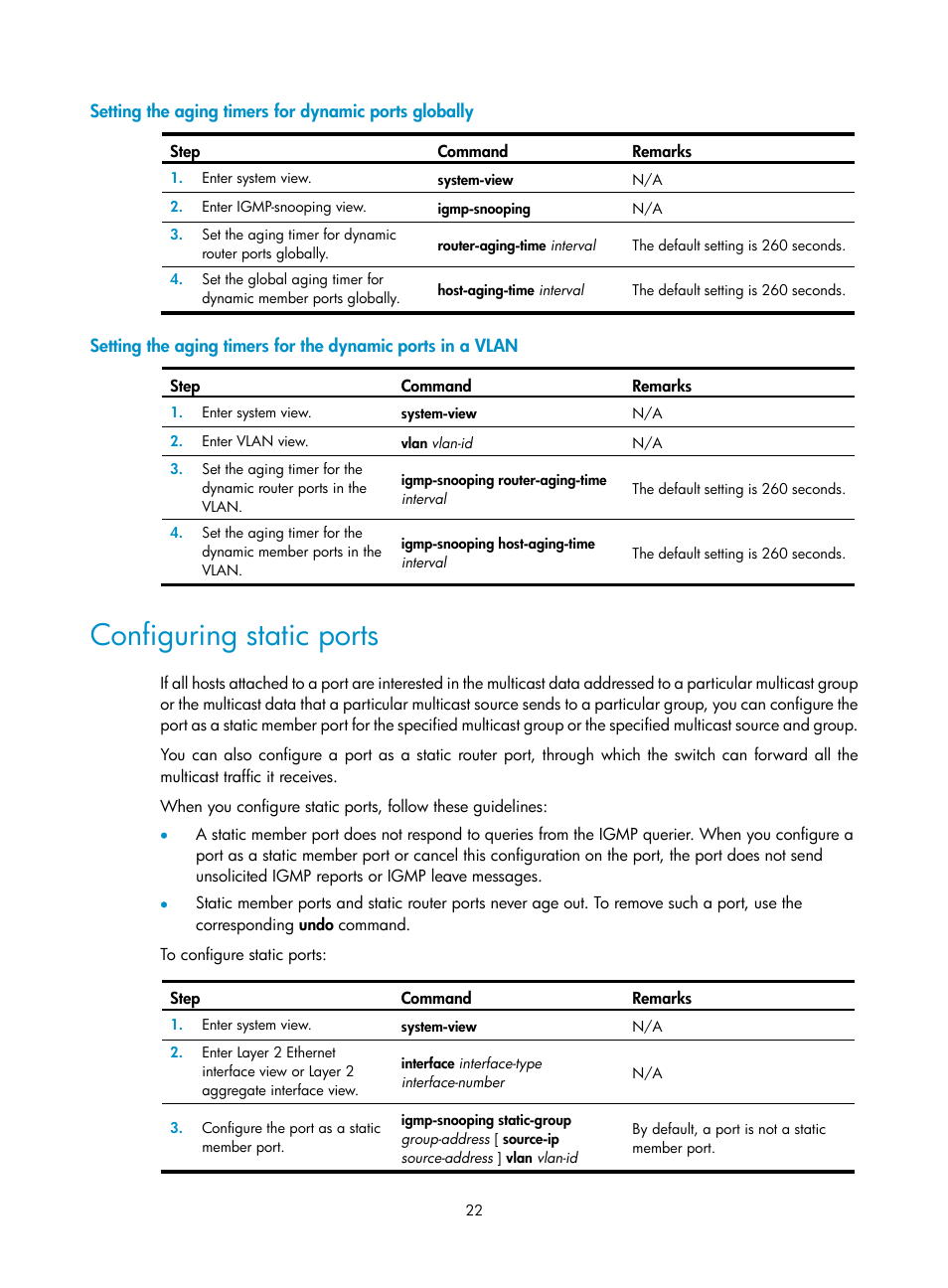 Configuring static ports, Configuring basic igmp snooping functions | H3C Technologies H3C S12500-X Series Switches User Manual | Page 32 / 226