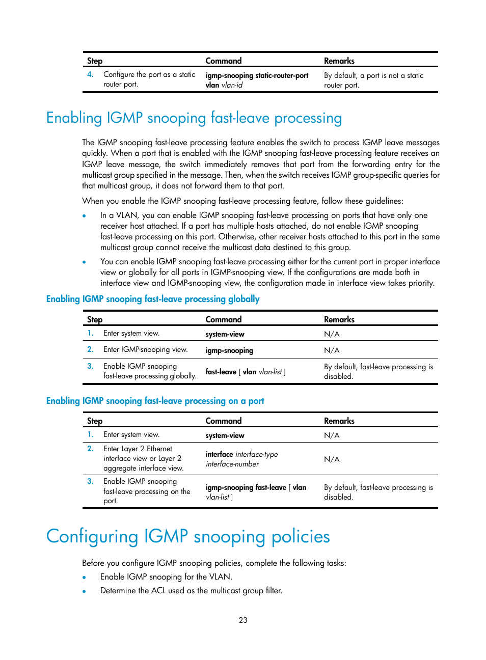 Enabling igmp snooping fast-leave processing, Configuring igmp snooping policies, Enabling igmp snooping | H3C Technologies H3C S12500-X Series Switches User Manual | Page 33 / 226