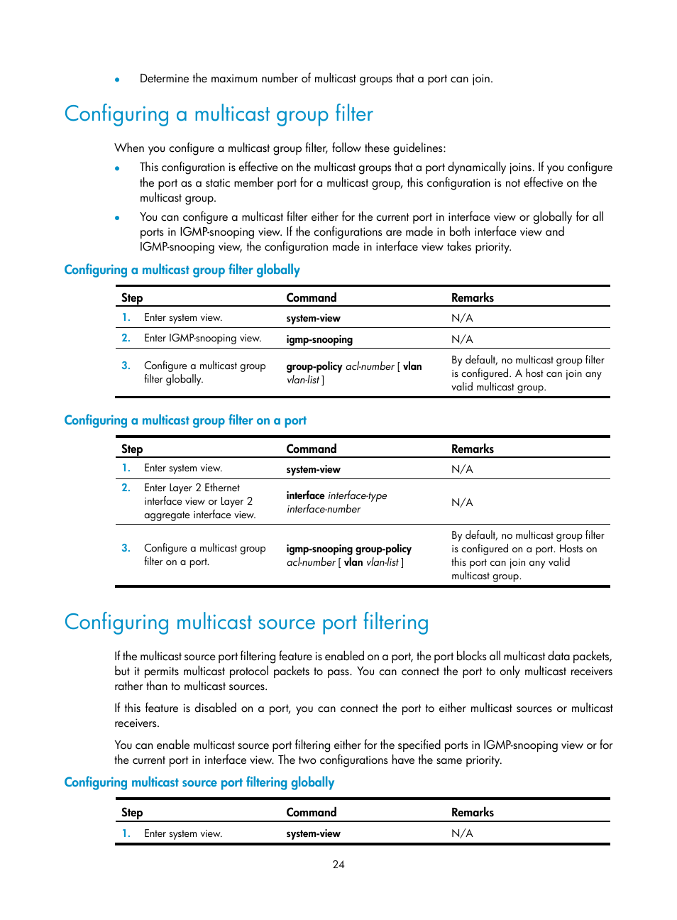 Configuring a multicast group filter, Configuring a multicast group filter globally, Configuring a multicast group filter on a port | Configuring multicast source port filtering, Specifying the igmp snooping version | H3C Technologies H3C S12500-X Series Switches User Manual | Page 34 / 226