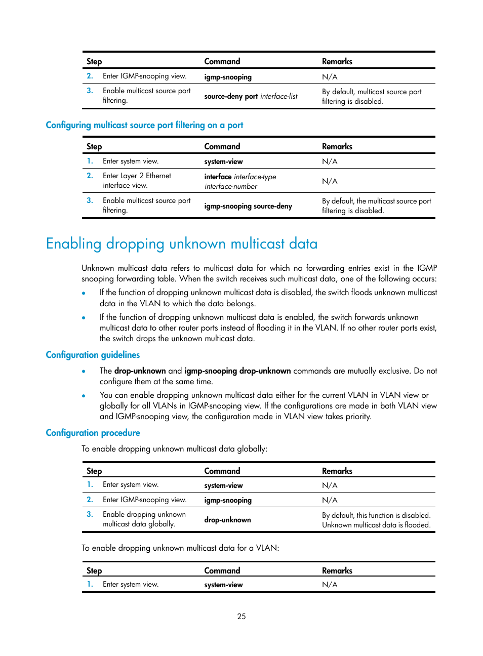 Enabling dropping unknown multicast data, Configuration guidelines, Configuration procedure | H3C Technologies H3C S12500-X Series Switches User Manual | Page 35 / 226