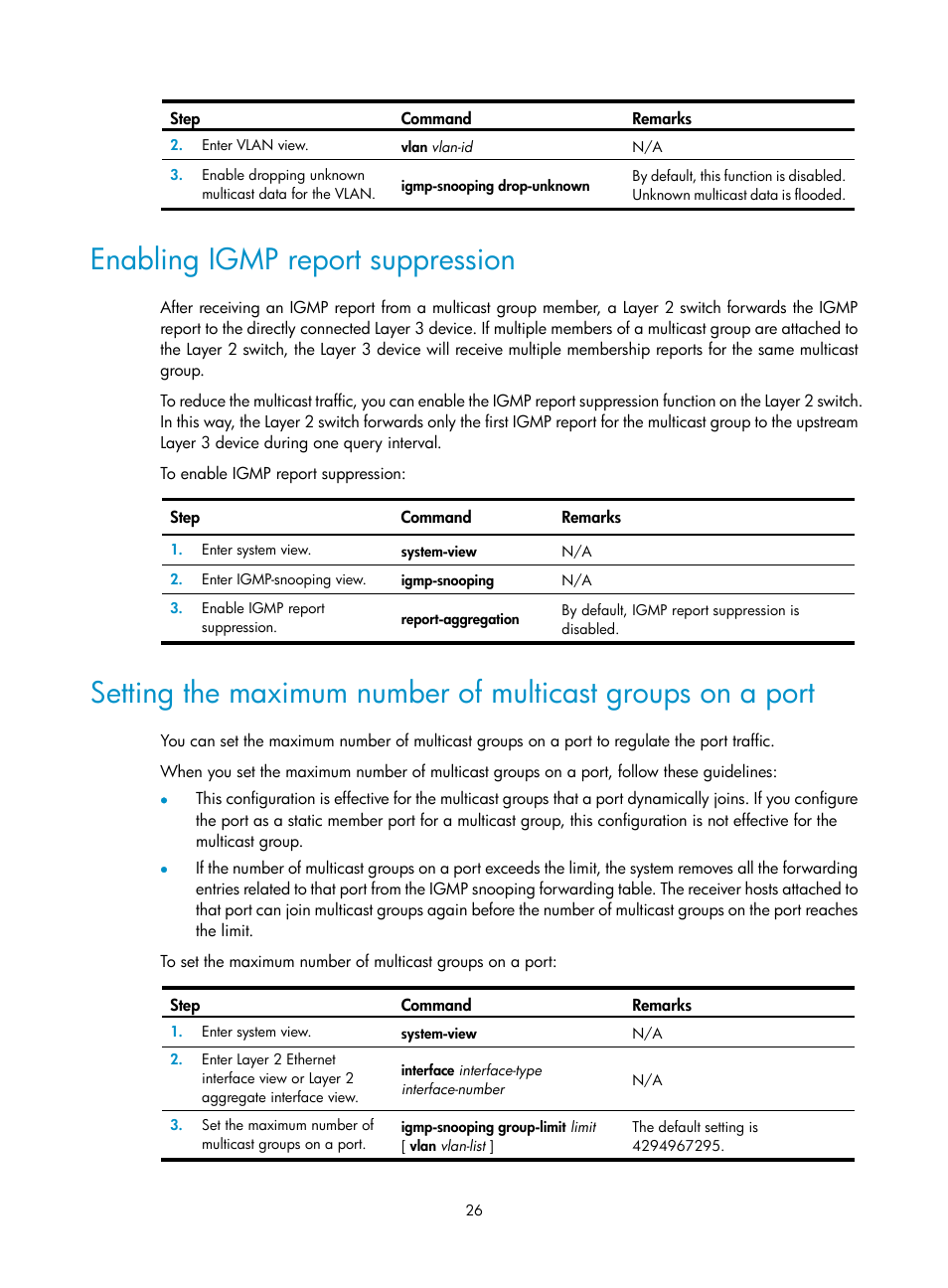Enabling igmp report suppression | H3C Technologies H3C S12500-X Series Switches User Manual | Page 36 / 226
