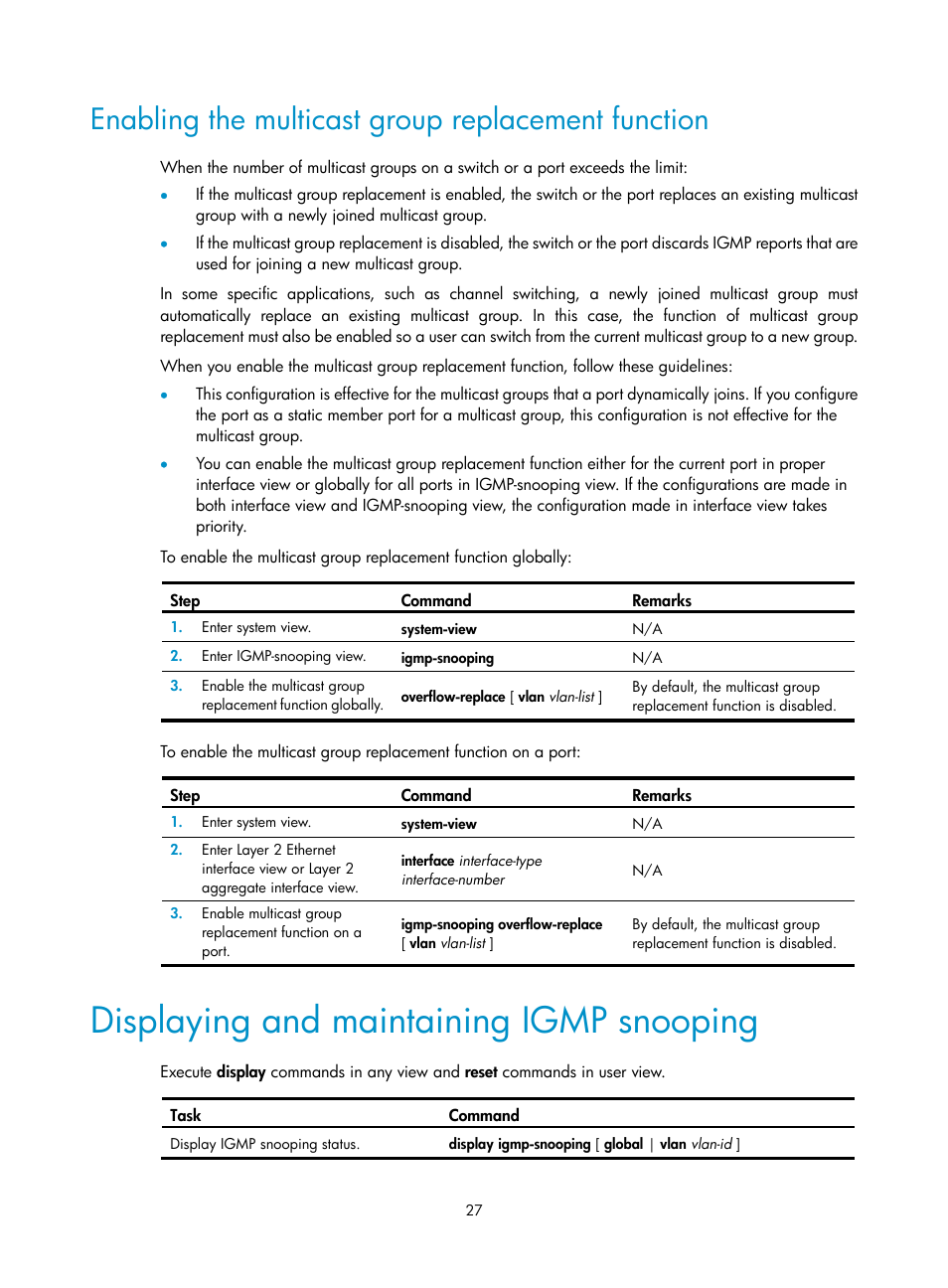 Enabling the multicast group replacement function, Displaying and maintaining igmp snooping, Configuring igmp snooping port functions | Setting aging timers for dynamic ports | H3C Technologies H3C S12500-X Series Switches User Manual | Page 37 / 226