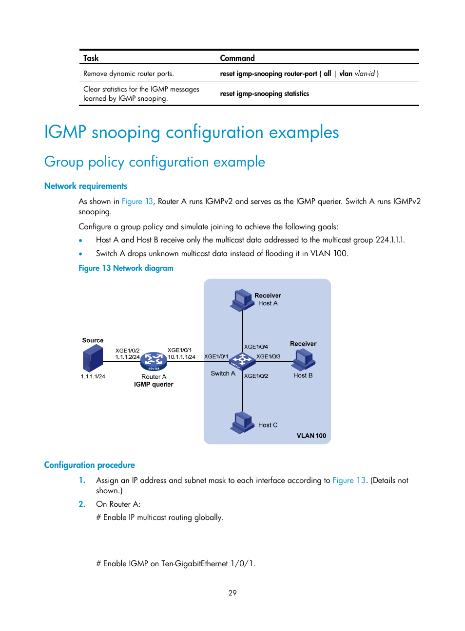 Igmp snooping configuration examples, Group policy configuration example, Network requirements | Configuration procedure, Configuring static ports | H3C Technologies H3C S12500-X Series Switches User Manual | Page 39 / 226