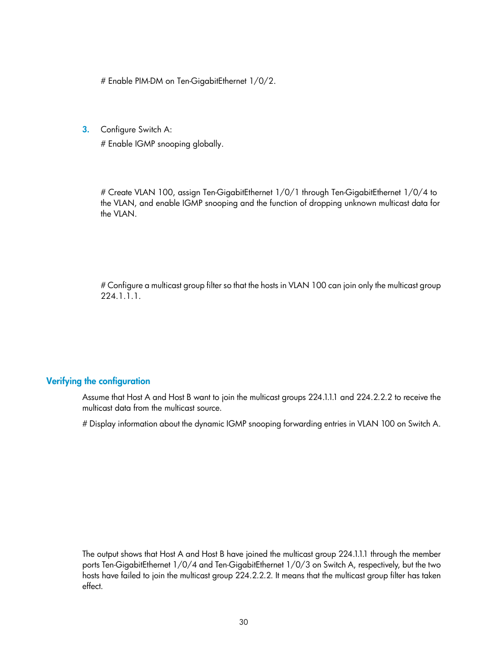 Verifying the configuration, Enabling igmp snooping fast-leave processing | H3C Technologies H3C S12500-X Series Switches User Manual | Page 40 / 226