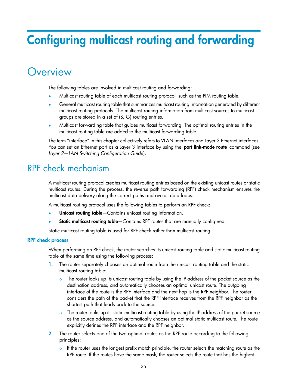 Configuring multicast routing and forwarding, Overview, Rpf check mechanism | Rpf check process, Enabling igmp report suppression | H3C Technologies H3C S12500-X Series Switches User Manual | Page 45 / 226