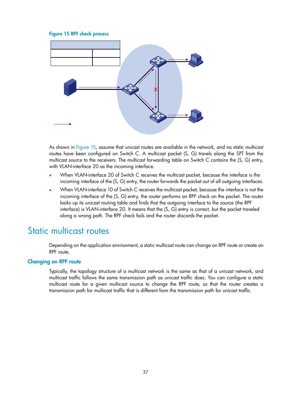 Static multicast routes, Changing an rpf route, Displaying and maintaining igmp snooping | H3C Technologies H3C S12500-X Series Switches User Manual | Page 47 / 226
